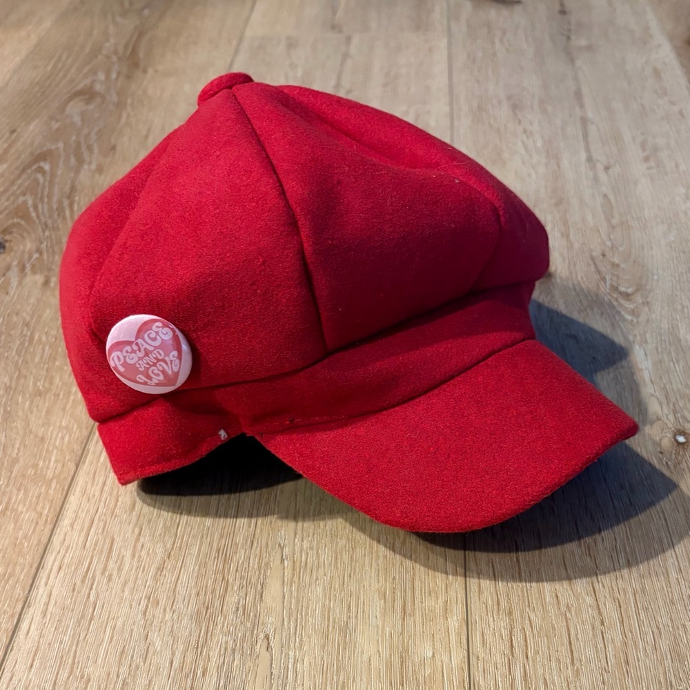 Custom Red Women’s Newsboy Cap Hat with Decorative Pins